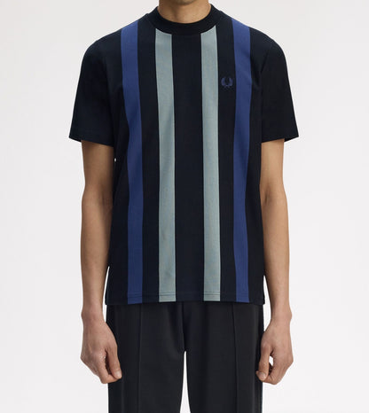 FRED PERRY VERTICAL STRIPE PIQUE COTTON T-SHIRT BLACK/BLUE RRP £65 BNWT