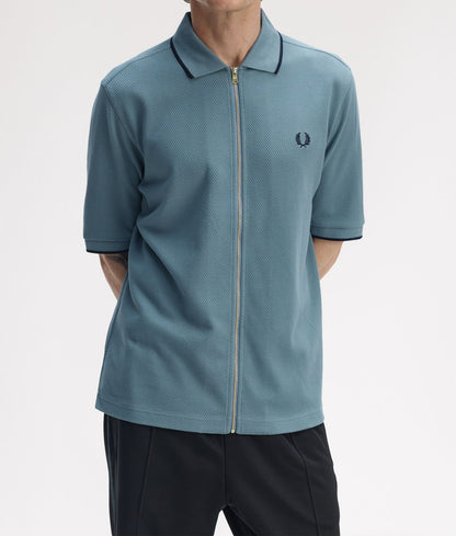 FRED PERRY ZIP THROUGH TEXTURED PIQUE COTTON POLO SHIRT BLUE XL RRP £110 BNWT