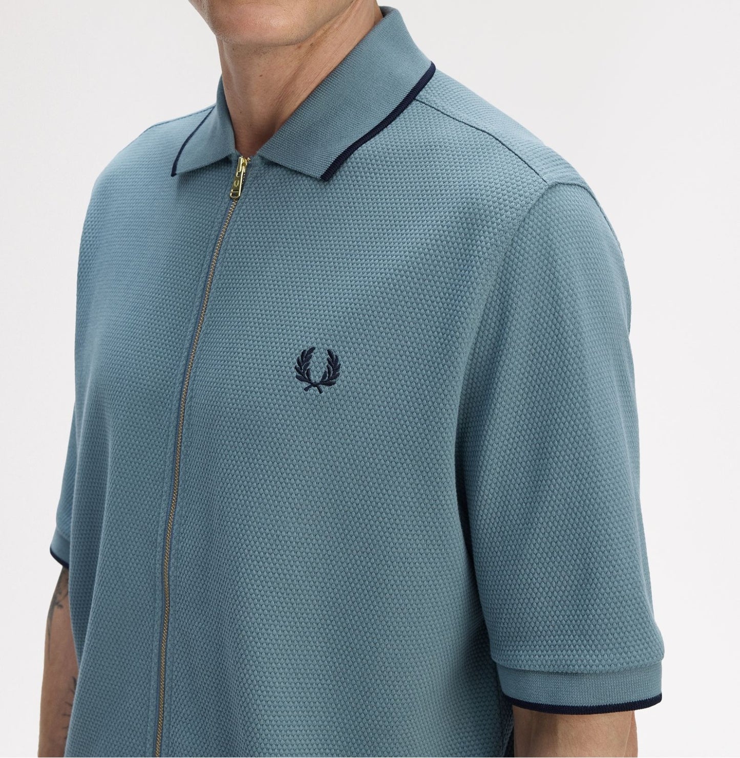 FRED PERRY ZIP THROUGH TEXTURED PIQUE COTTON POLO SHIRT BLUE XL RRP £110 BNWT
