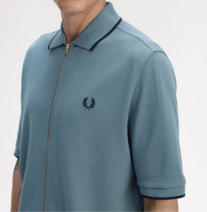 FRED PERRY ZIP THROUGH TEXTURED PIQUE COTTON POLO SHIRT BLUE XL RRP £110 BNWT