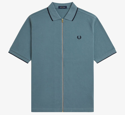 FRED PERRY ZIP THROUGH TEXTURED PIQUE COTTON POLO SHIRT BLUE XL RRP £110 BNWT