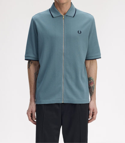 FRED PERRY ZIP THROUGH TEXTURED PIQUE COTTON POLO SHIRT BLUE XL RRP £110 BNWT