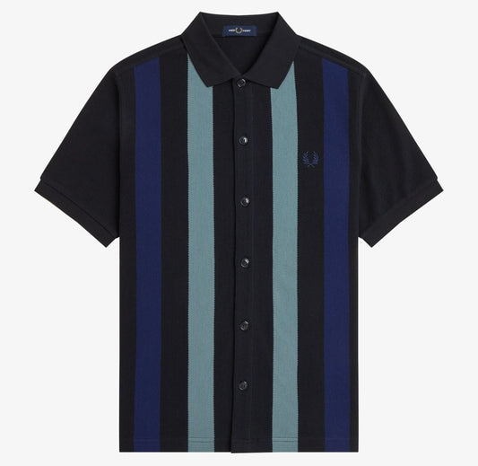 FRED PERRY BUTTON FRONT VERTICAL STRIPE PIQUE POLO SHIRT BLACK XL RRP £110 BNWT