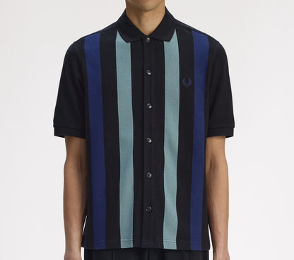 FRED PERRY BUTTON FRONT VERTICAL STRIPE PIQUE POLO SHIRT BLACK XL RRP £110 BNWT