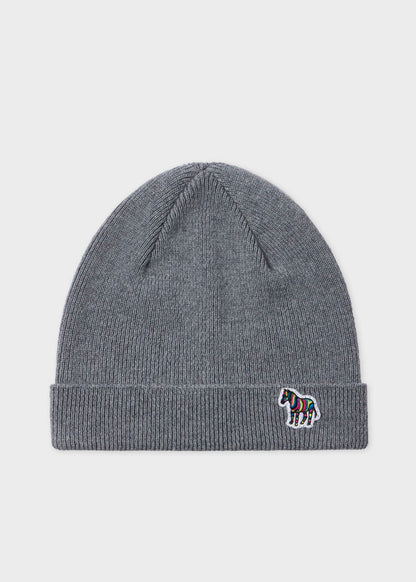PAUL SMITH PS RIB ZEBRA LOGO LAMBS WOOL BEANIE HAT GREY RRP £80 BNWT