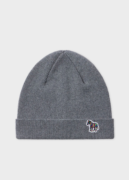 PAUL SMITH PS RIB ZEBRA LOGO LAMBS WOOL BEANIE HAT GREY RRP £80 BNWT