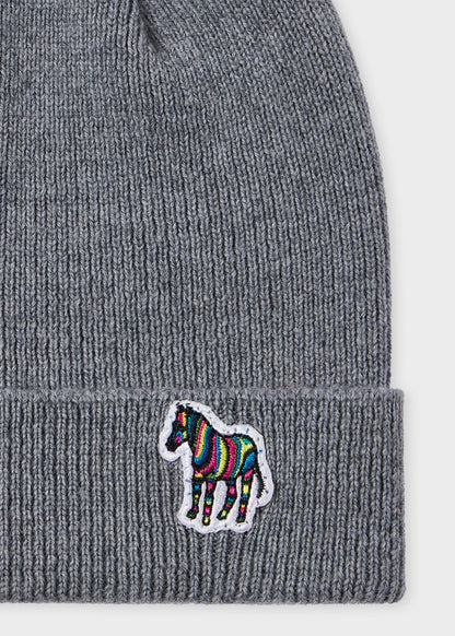 PAUL SMITH PS RIB ZEBRA LOGO LAMBS WOOL BEANIE HAT GREY RRP £80 BNWT