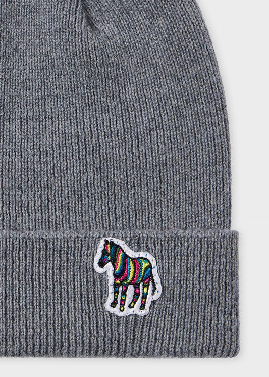 PAUL SMITH PS RIB ZEBRA LOGO LAMBS WOOL BEANIE HAT GREY RRP £80 BNWT