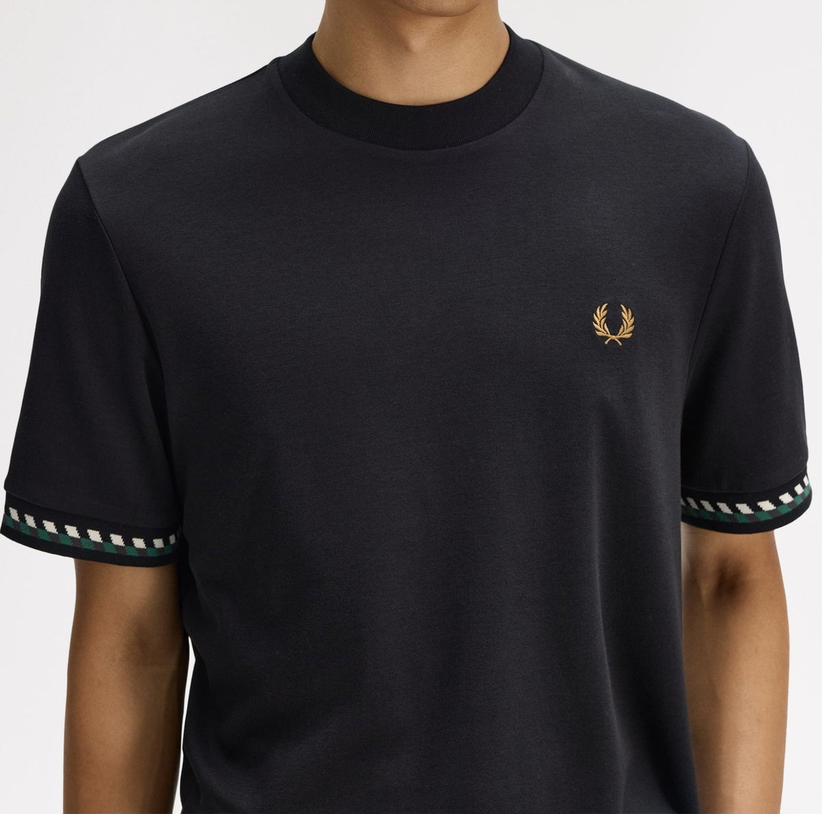 FRED PERRY JACQUARD CUFF COTTON T-SHIRT BLACK MEDIUM RRP £60 BNWT