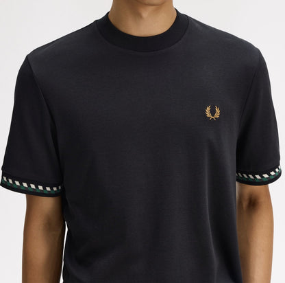 FRED PERRY JACQUARD CUFF COTTON T-SHIRT BLACK MEDIUM RRP £60 BNWT