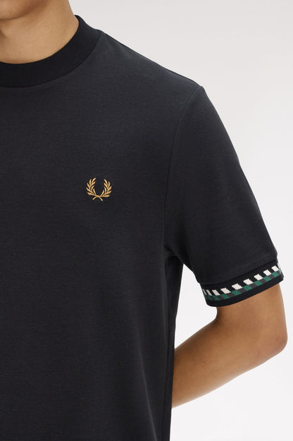 FRED PERRY JACQUARD CUFF COTTON T-SHIRT BLACK MEDIUM RRP £60 BNWT