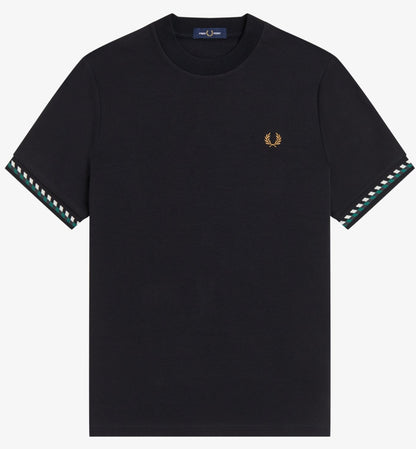 FRED PERRY JACQUARD CUFF COTTON T-SHIRT BLACK MEDIUM RRP £60 BNWT
