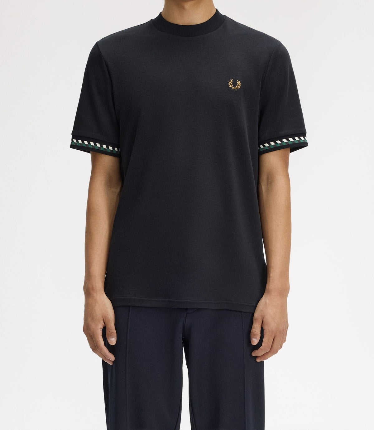 FRED PERRY JACQUARD CUFF COTTON T-SHIRT BLACK MEDIUM RRP £60 BNWT