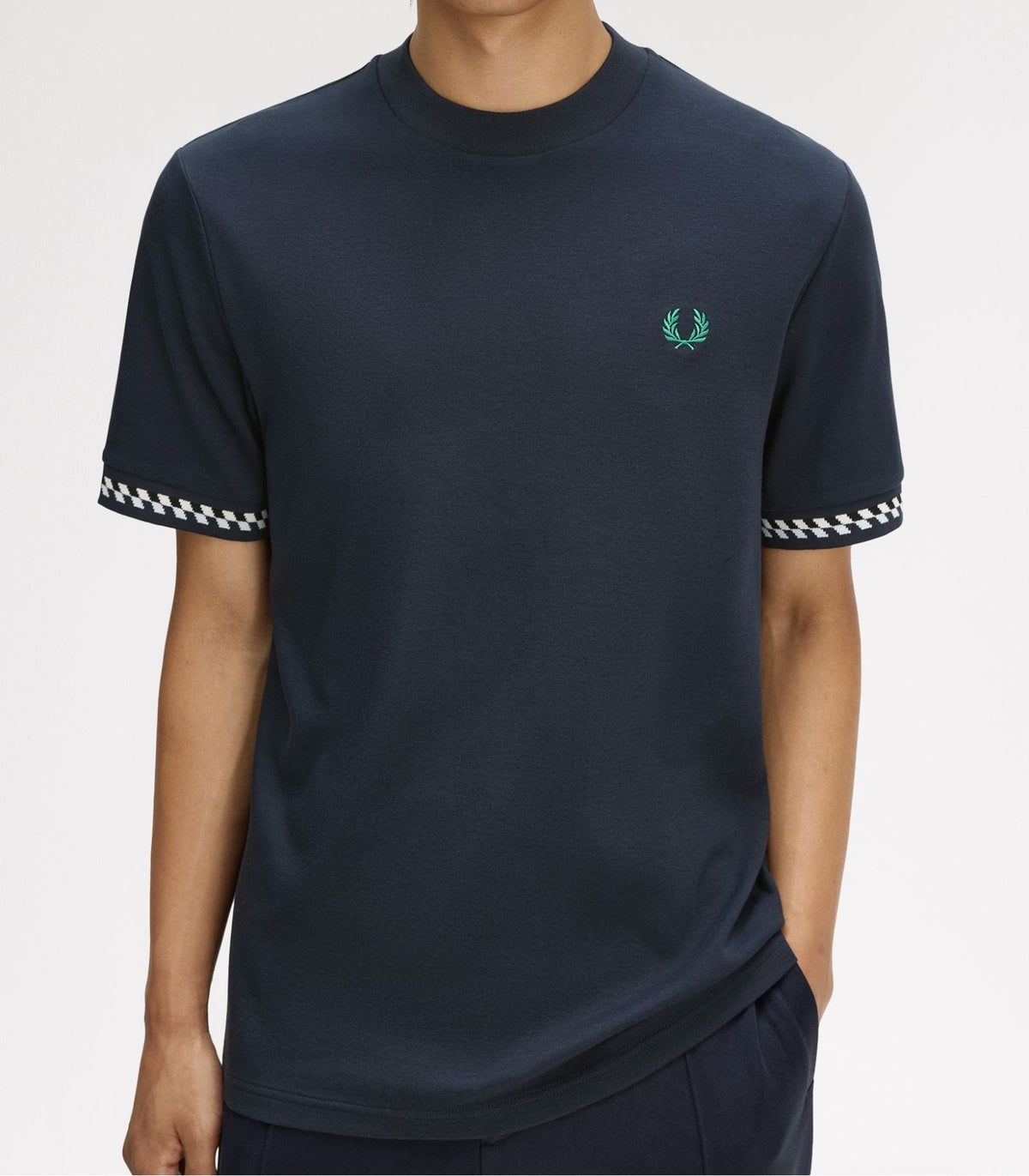 FRED PERRY JACQUARD CUFF COTTON T-SHIRT NAVY BLUE MEDIUM RRP £60 BNWT