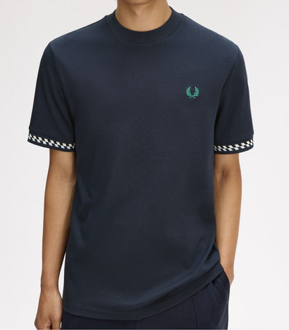 FRED PERRY JACQUARD CUFF COTTON T-SHIRT NAVY BLUE MEDIUM RRP £60 BNWT