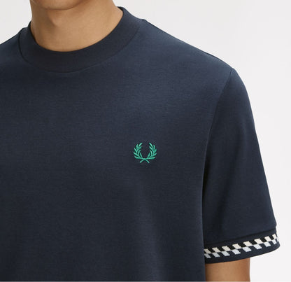 FRED PERRY JACQUARD CUFF COTTON T-SHIRT NAVY BLUE MEDIUM RRP £60 BNWT