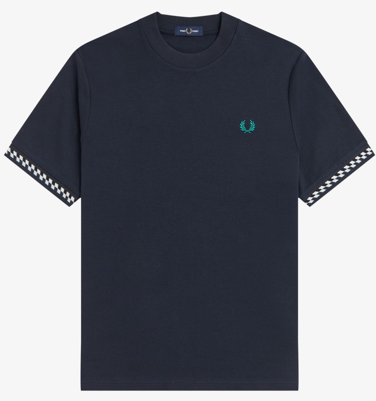 FRED PERRY JACQUARD CUFF COTTON T-SHIRT NAVY BLUE MEDIUM RRP £60 BNWT