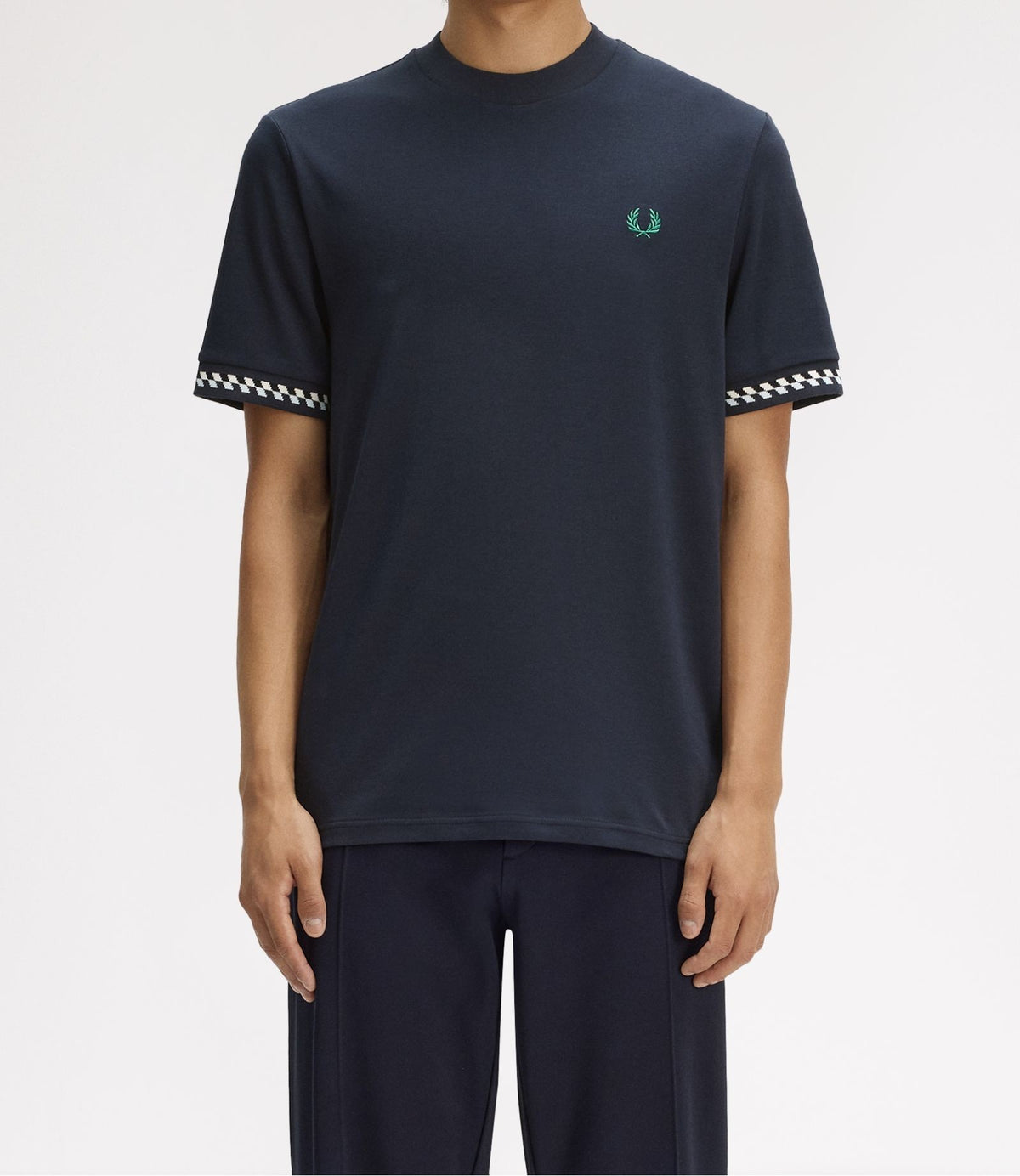 FRED PERRY JACQUARD CUFF COTTON T-SHIRT NAVY BLUE MEDIUM RRP £60 BNWT