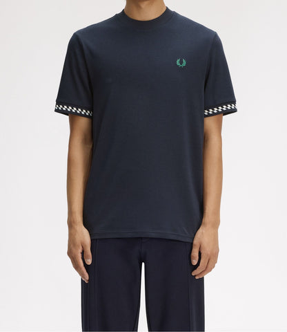 FRED PERRY JACQUARD CUFF COTTON T-SHIRT NAVY BLUE MEDIUM RRP £60 BNWT