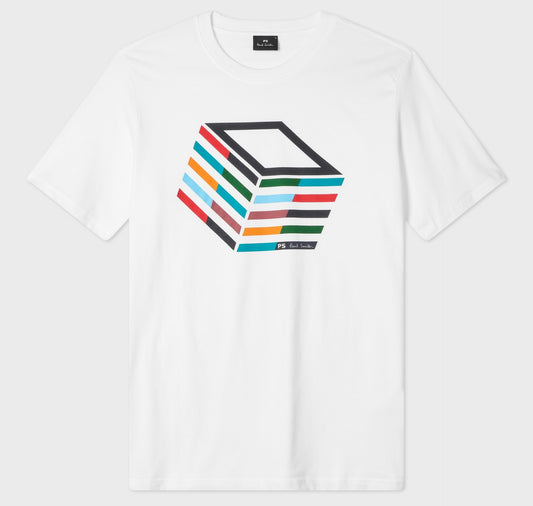 PAUL SMITH PS STRIPED CUBE LOGO COTTON T-SHIRT WHITE LARGE RRP £70 BNWT