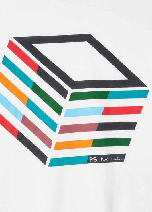 PAUL SMITH PS STRIPED CUBE LOGO COTTON T-SHIRT WHITE LARGE RRP £70 BNWT