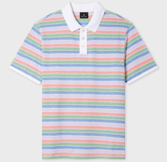 PAUL SMITH PS MULTICOLOUR STRIPE COTTON POLO SHIRT WHITE/MULTI 2XL RRP £100 BNWT