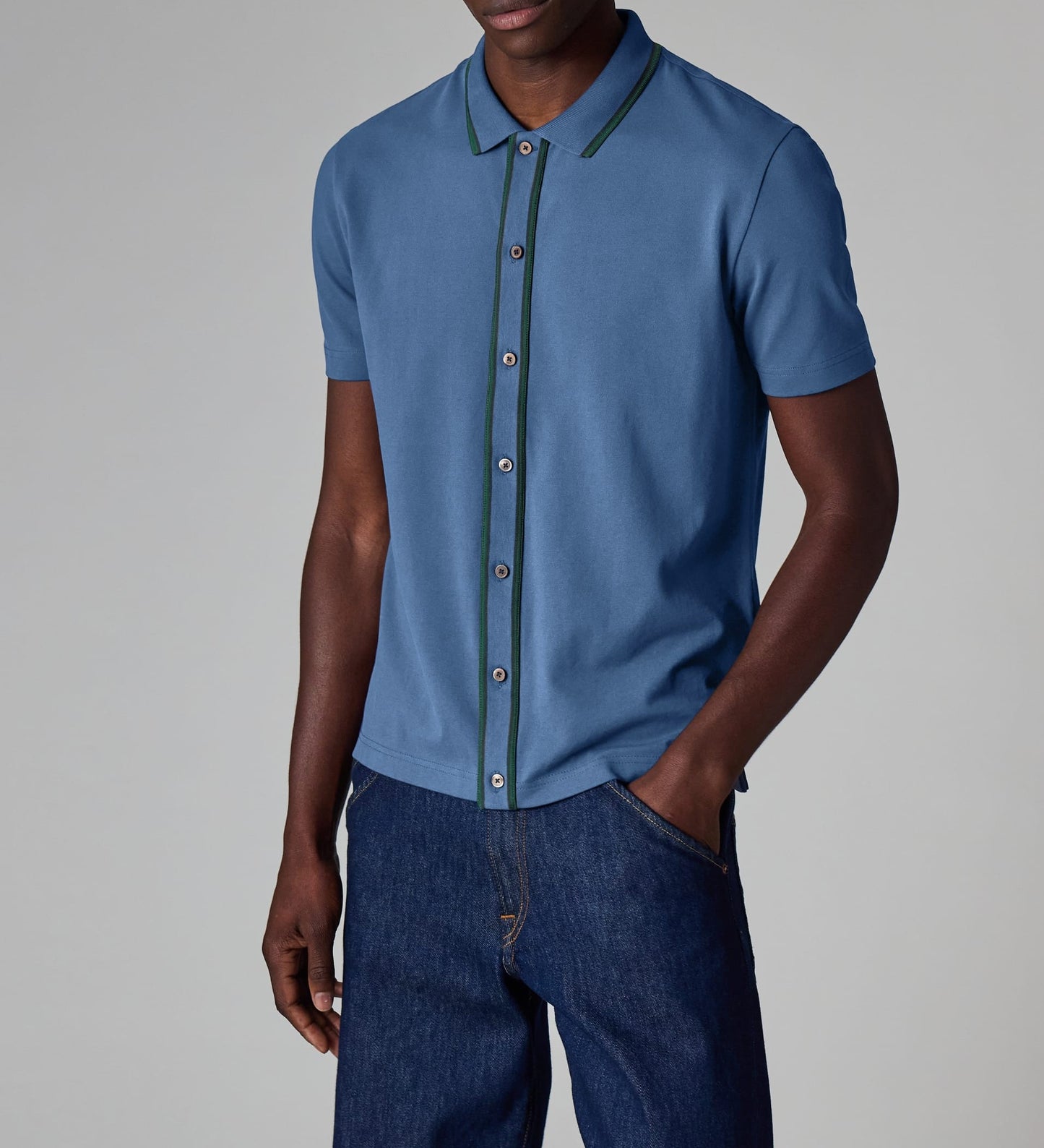 PAUL SMITH BUTTON THROUGH TIPPED POLO SHIRT MID BLUE (46A) 2XL RRP £115 BNWT