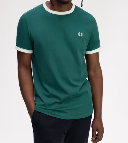 FRED PERRY RINGER COTTON T-SHIRT SPORT GREEN/SNOW WHITE XL RRP £50 BNWT