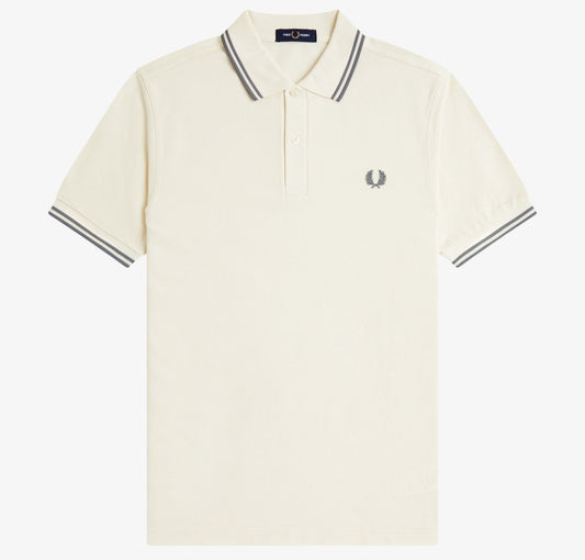 FRED PERRY TWIN TIPPED PIQUE POLO SHIRT ECRU/STOCKPORT BLUE RRP £80 BNWT