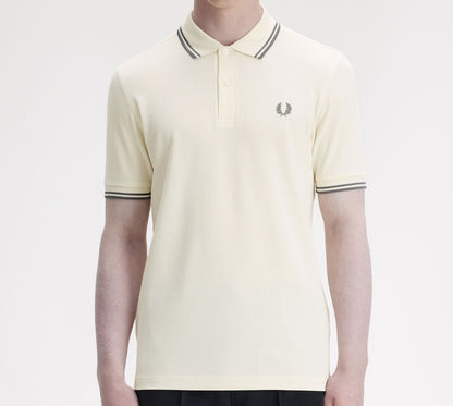 FRED PERRY TWIN TIPPED PIQUE POLO SHIRT ECRU/STOCKPORT BLUE RRP £80 BNWT