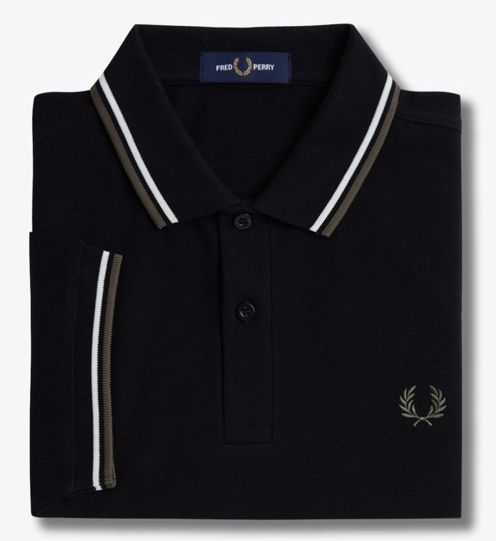 FRED PERRY TWIN TIPPED PIQUE COTTON POLO SHIRT BLACK/ECRU/GREEN M RRP £80 BNWT