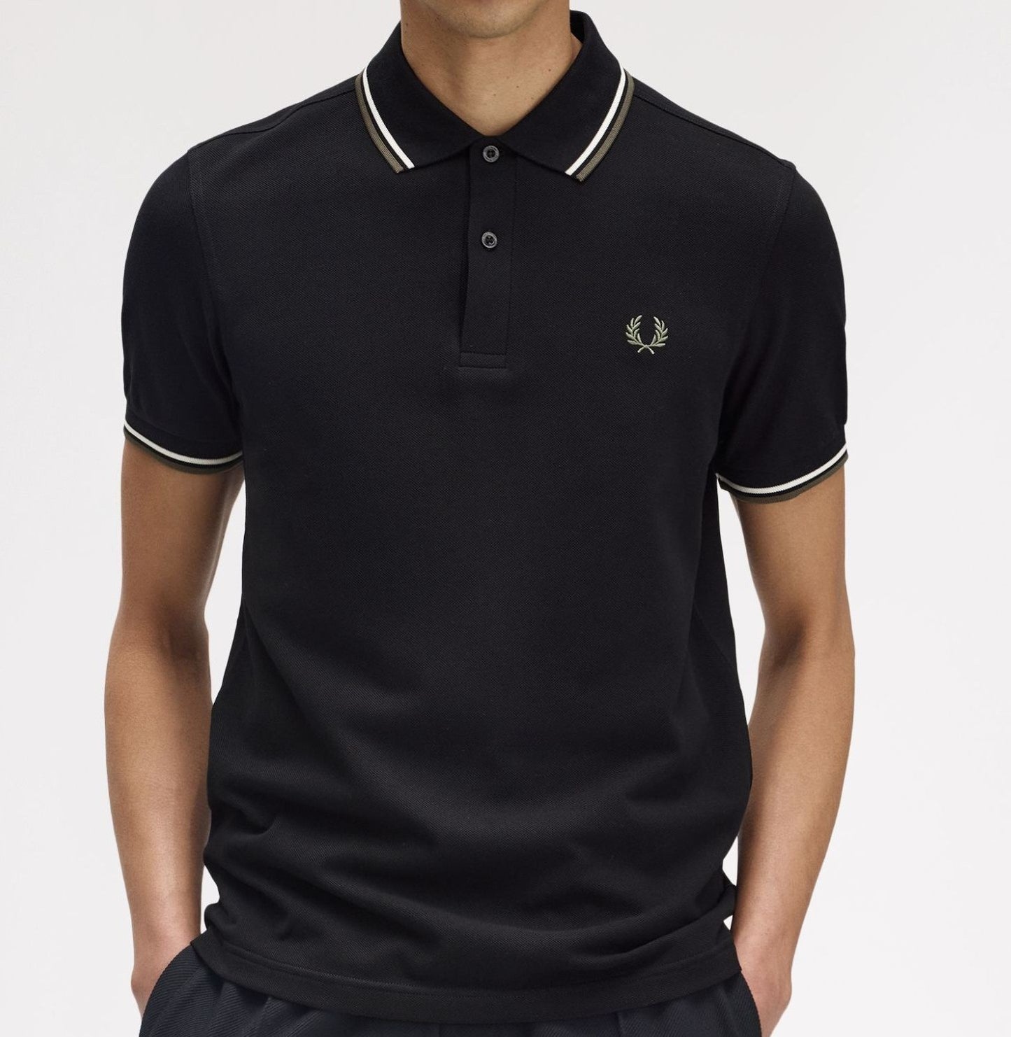 FRED PERRY TWIN TIPPED PIQUE COTTON POLO SHIRT BLACK/ECRU/GREEN M RRP £80 BNWT