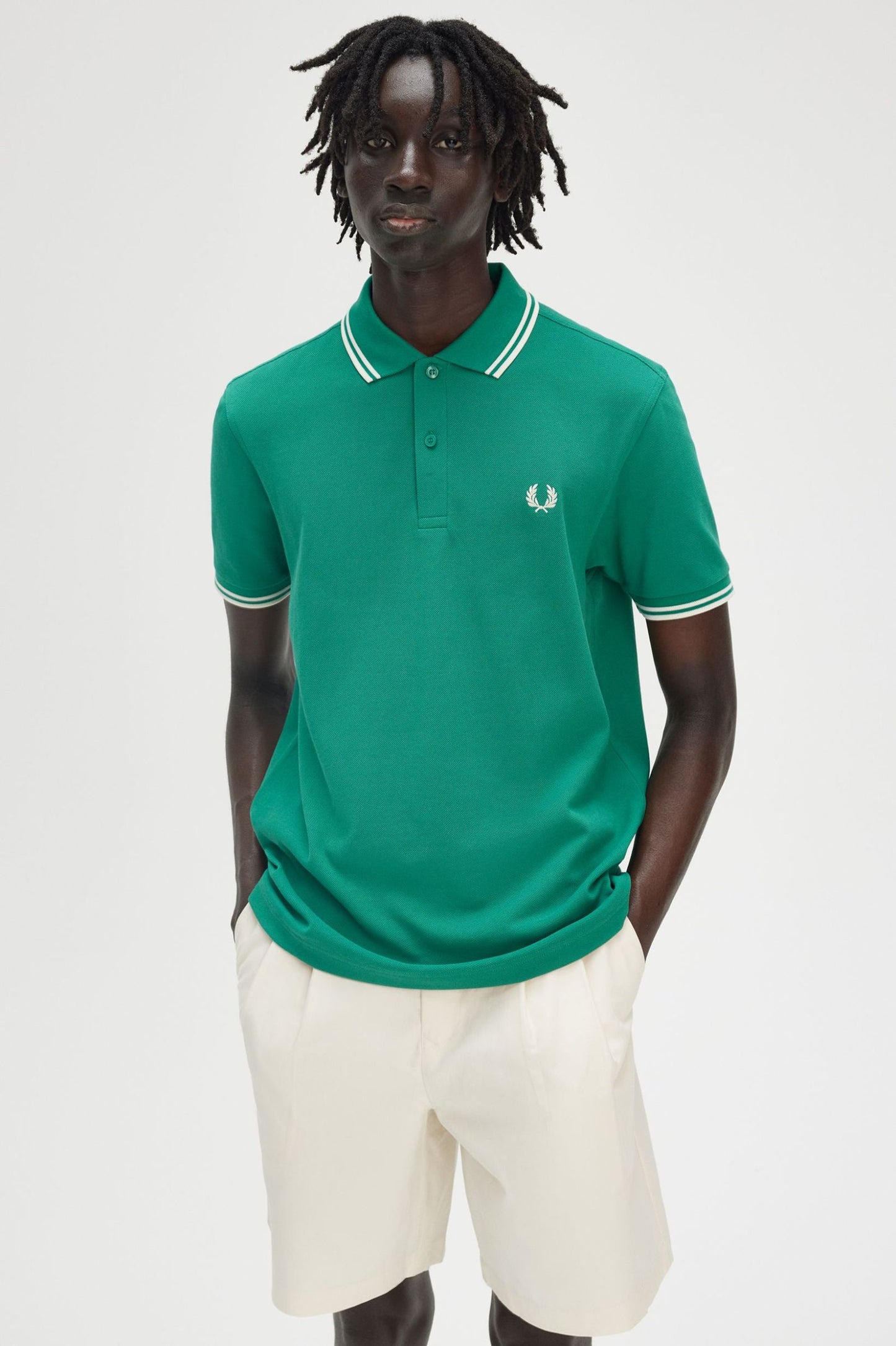 FRED PERRY TWIN TIPPED PIQUE COTTON POLO SHIRT GREEN ECRU LARGE RRP £80 BNWT