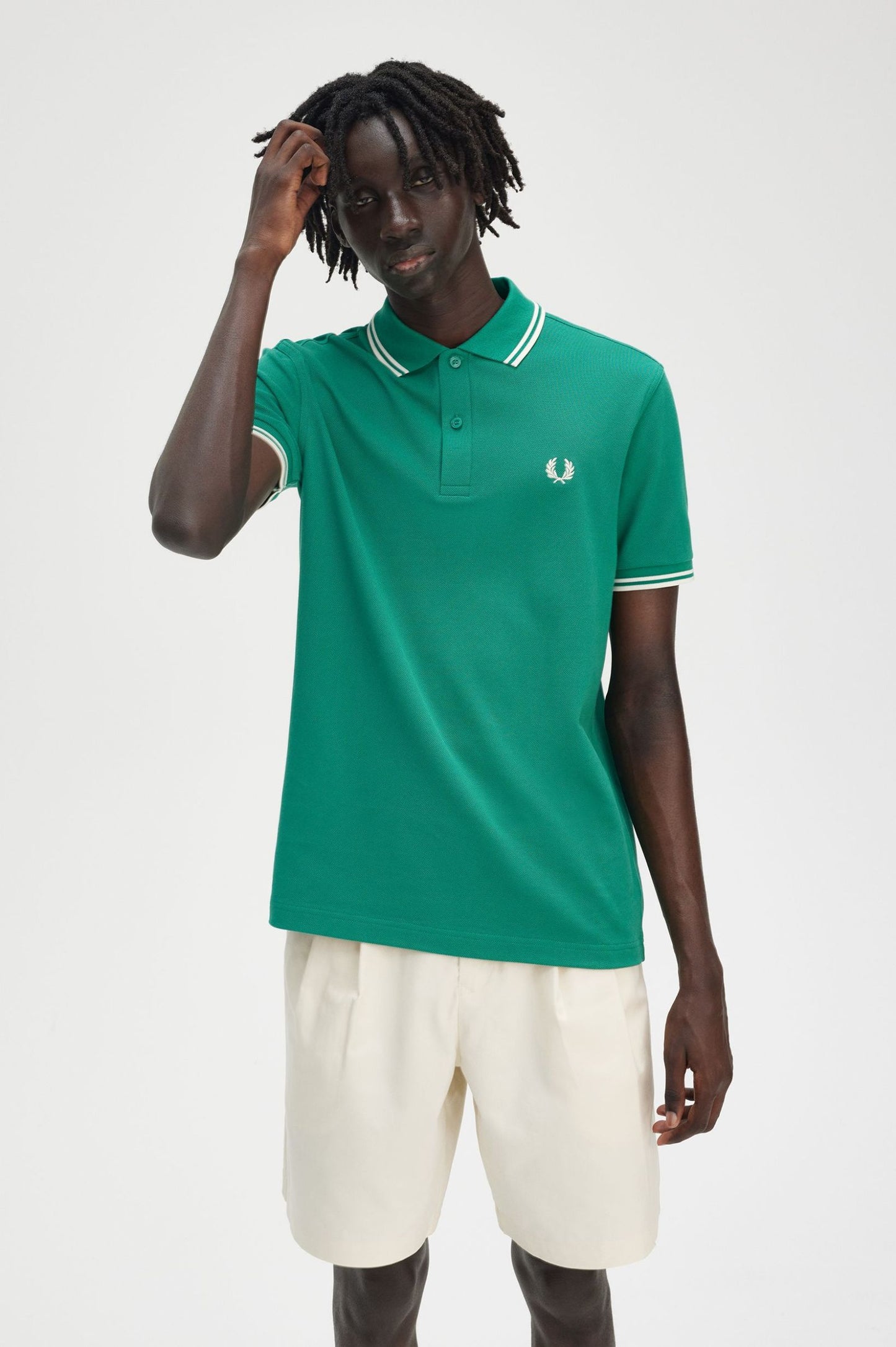 FRED PERRY TWIN TIPPED PIQUE COTTON POLO SHIRT GREEN ECRU LARGE RRP £80 BNWT