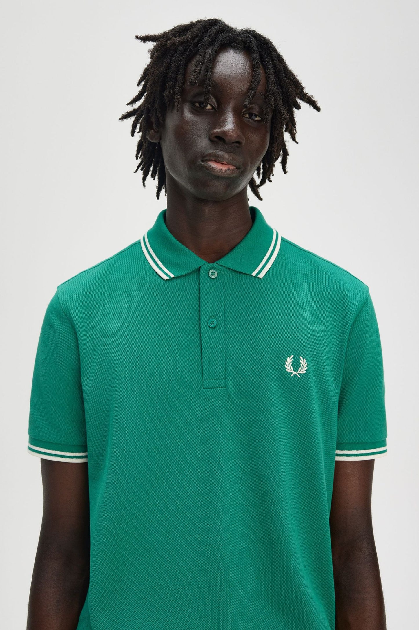 FRED PERRY TWIN TIPPED PIQUE COTTON POLO SHIRT GREEN ECRU LARGE RRP £80 BNWT