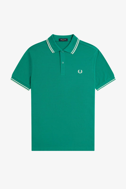 FRED PERRY TWIN TIPPED PIQUE COTTON POLO SHIRT GREEN ECRU LARGE RRP £80 BNWT