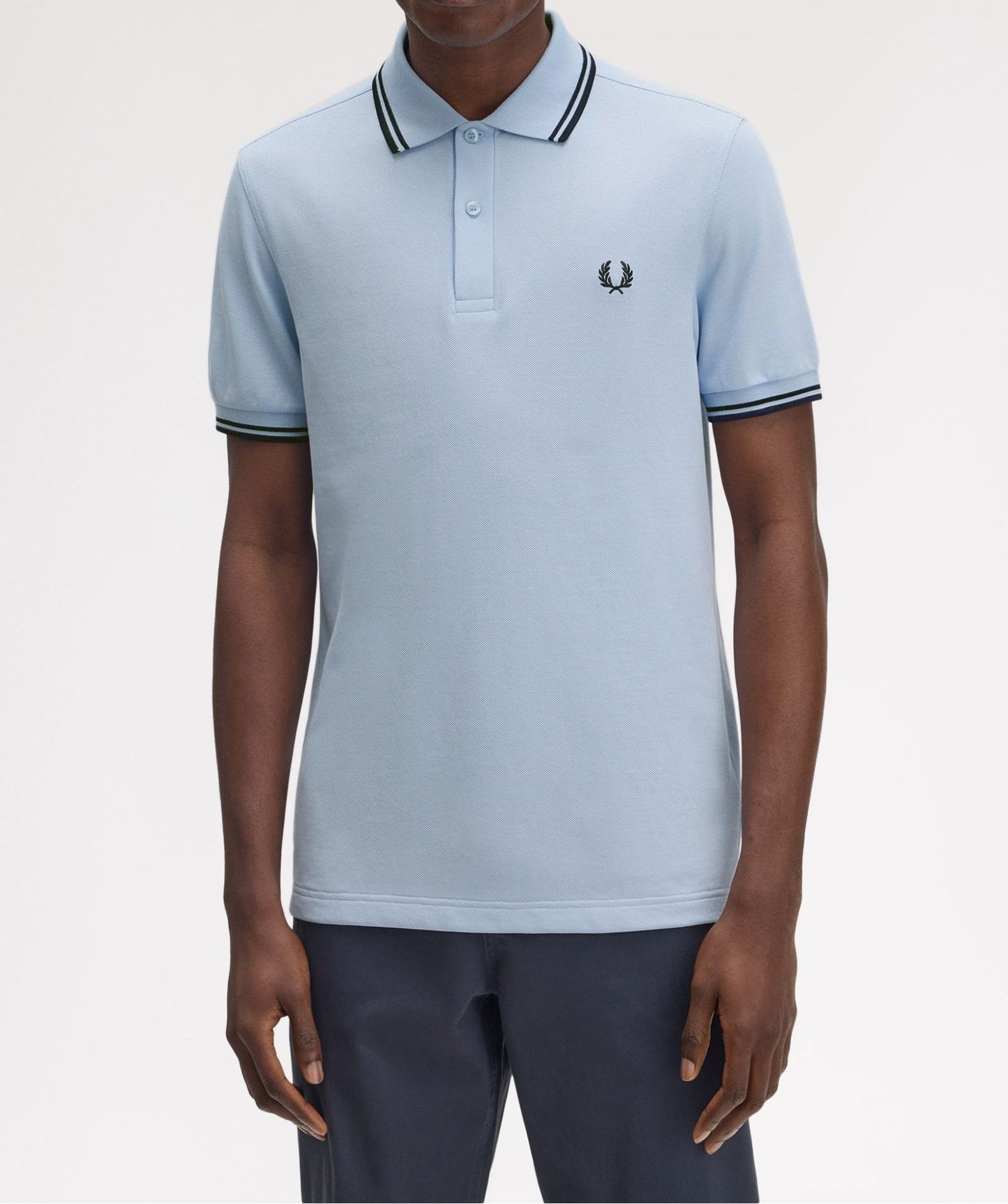 FRED PERRY TWIN TIPPED PIQUE COTTON POLO SHIRT LIGHT SMOKE BLUE/NAVY RRP £80 BNWT