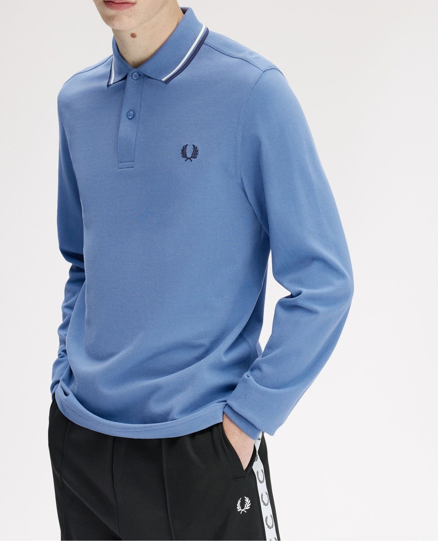FRED PERRY TWIN TIPPED COTTON LONG SLEEVE POLO SHIRT ACE BLUE MEDIUM RRP £95 NEW