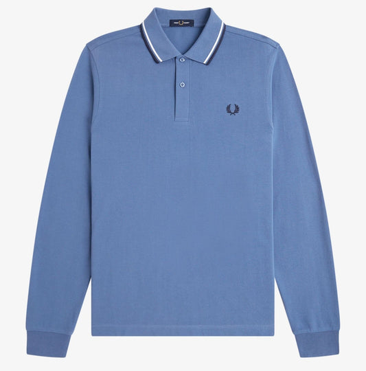 FRED PERRY TWIN TIPPED COTTON LONG SLEEVE POLO SHIRT ACE BLUE MEDIUM RRP £95 NEW
