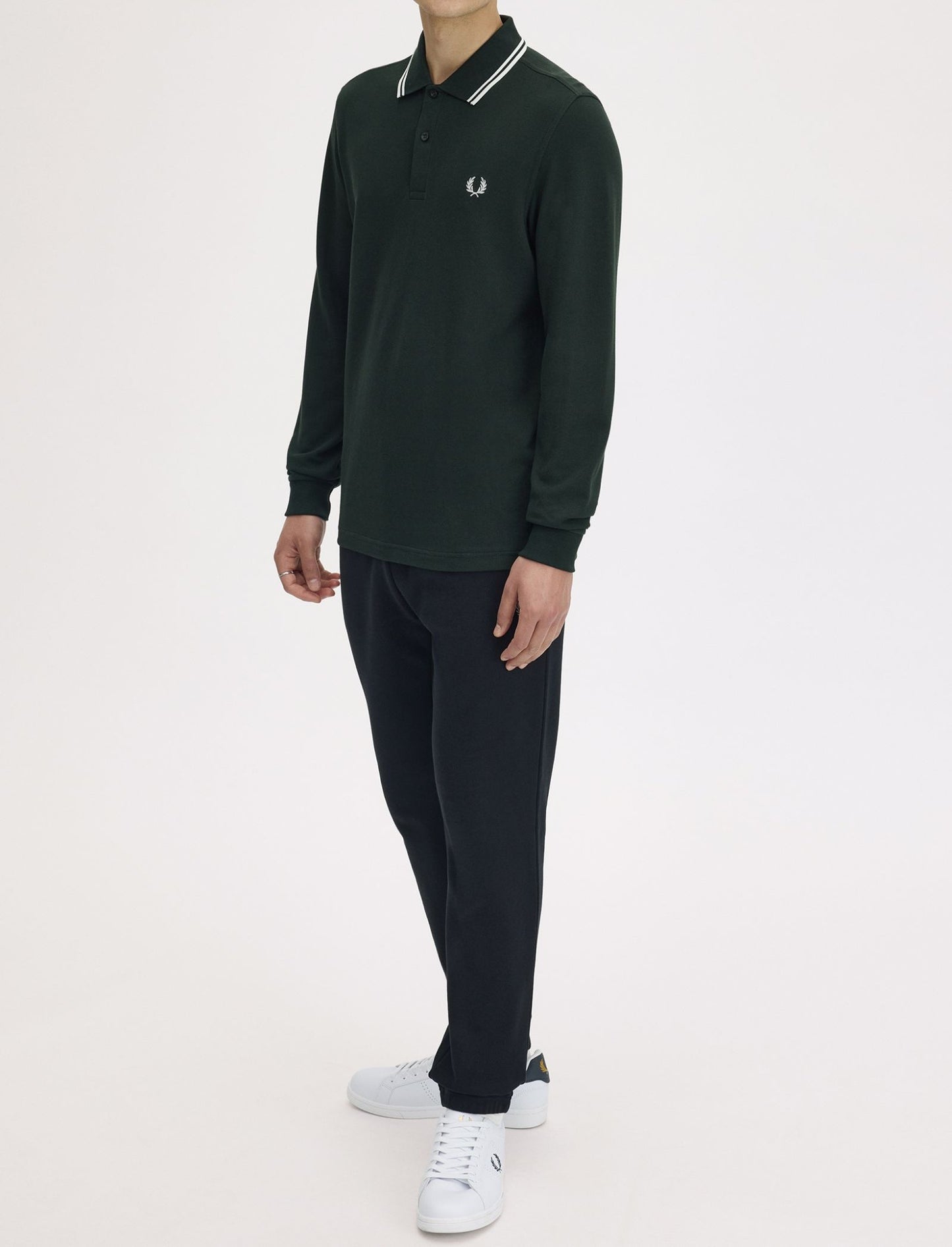 FRED PERRY TWIN TIPPED COTTON LONG SLEEVE POLO SHIRT NIGHT GREEN MEDIUM RRP £95 NEW