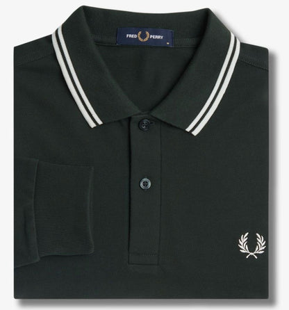 FRED PERRY TWIN TIPPED COTTON LONG SLEEVE POLO SHIRT NIGHT GREEN MEDIUM RRP £95 NEW