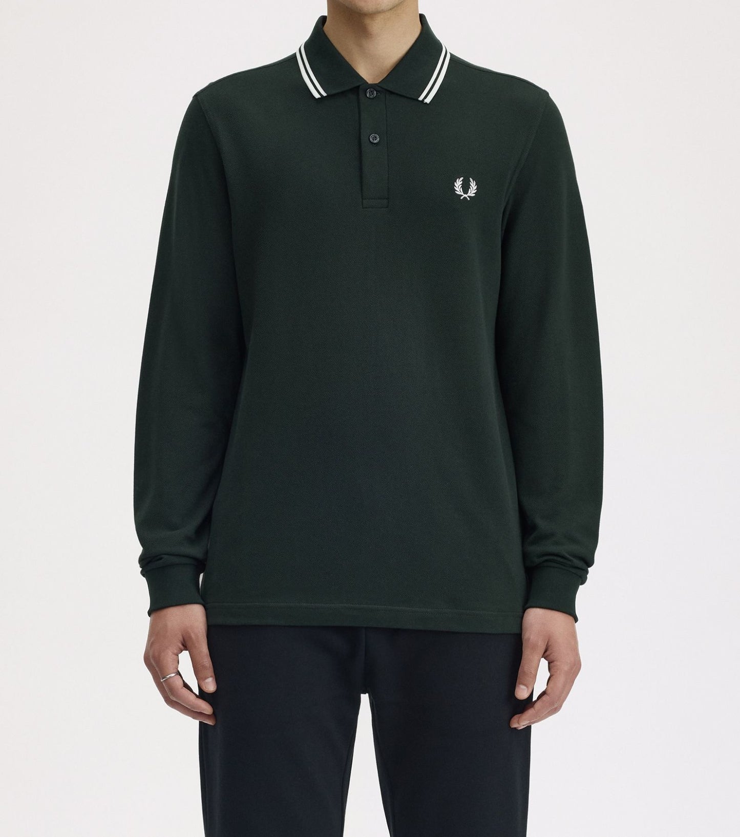 FRED PERRY TWIN TIPPED COTTON LONG SLEEVE POLO SHIRT NIGHT GREEN MEDIUM RRP £95 NEW
