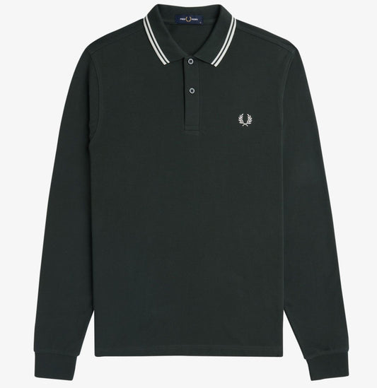 FRED PERRY TWIN TIPPED COTTON LONG SLEEVE POLO SHIRT NIGHT GREEN MEDIUM RRP £95 NEW