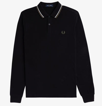 FRED PERRY TWIN TIPPED COTTON LONG SLEEVE POLO SHIRT BLACK RRP £95 NEW