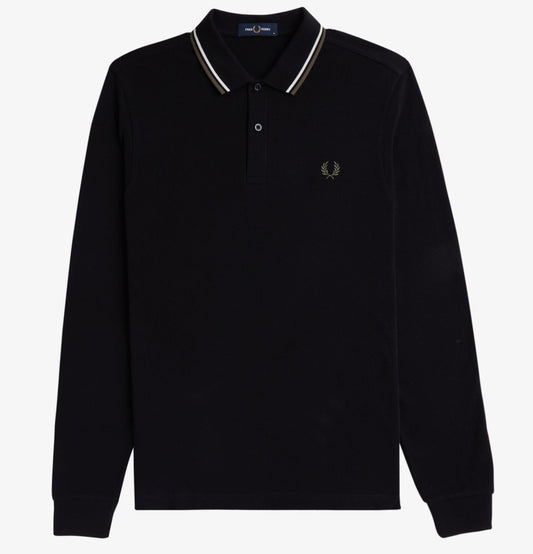 FRED PERRY TWIN TIPPED COTTON LONG SLEEVE POLO SHIRT BLACK RRP £95 NEW