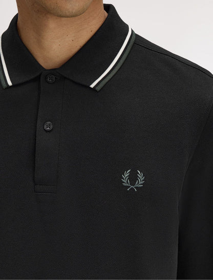 FRED PERRY TWIN TIPPED COTTON LONG SLEEVE POLO SHIRT BLACK RRP £95 NEW