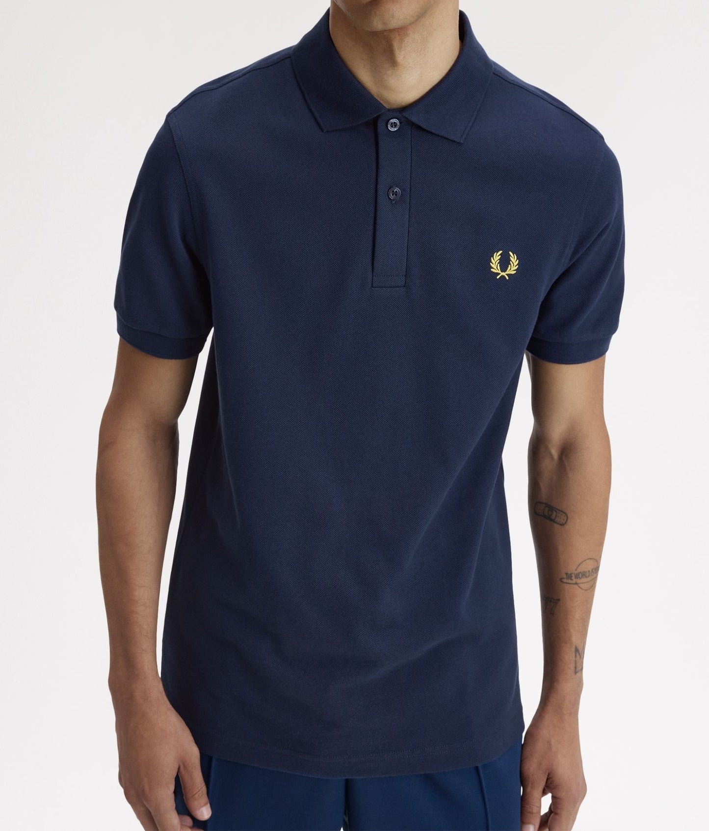 FRED PERRY PIQUE COTTON POLO SHIRT TENNIS BLUE/LEMON BARLEY LARGE RRP £80 BNWT
