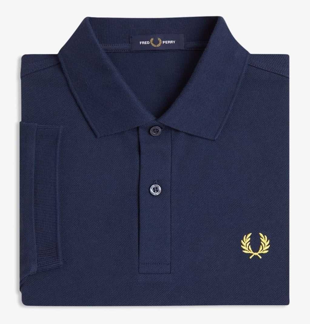 FRED PERRY PIQUE COTTON POLO SHIRT TENNIS BLUE/LEMON BARLEY LARGE RRP £80 BNWT