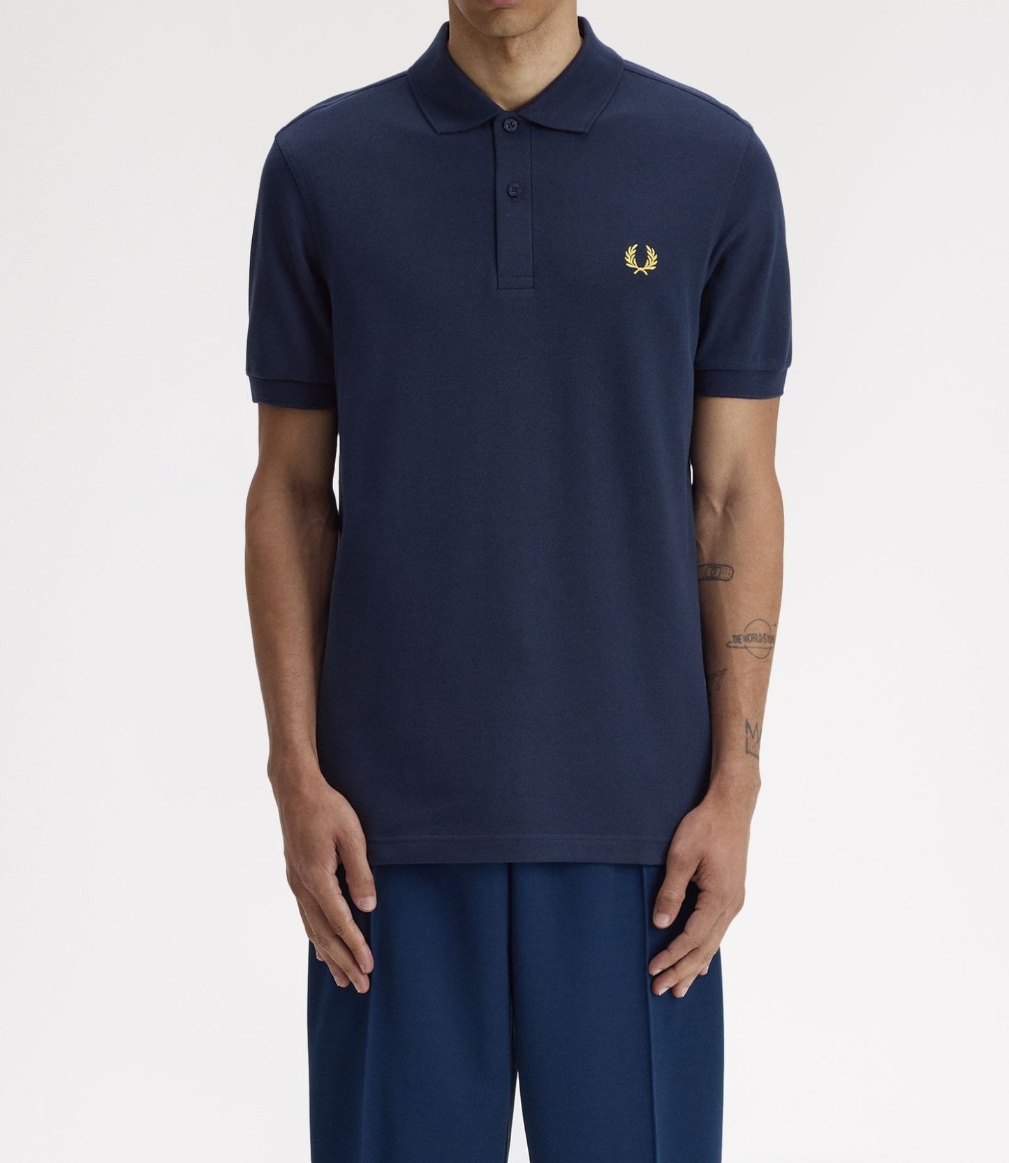 FRED PERRY PIQUE COTTON POLO SHIRT TENNIS BLUE/LEMON BARLEY LARGE RRP £80 BNWT