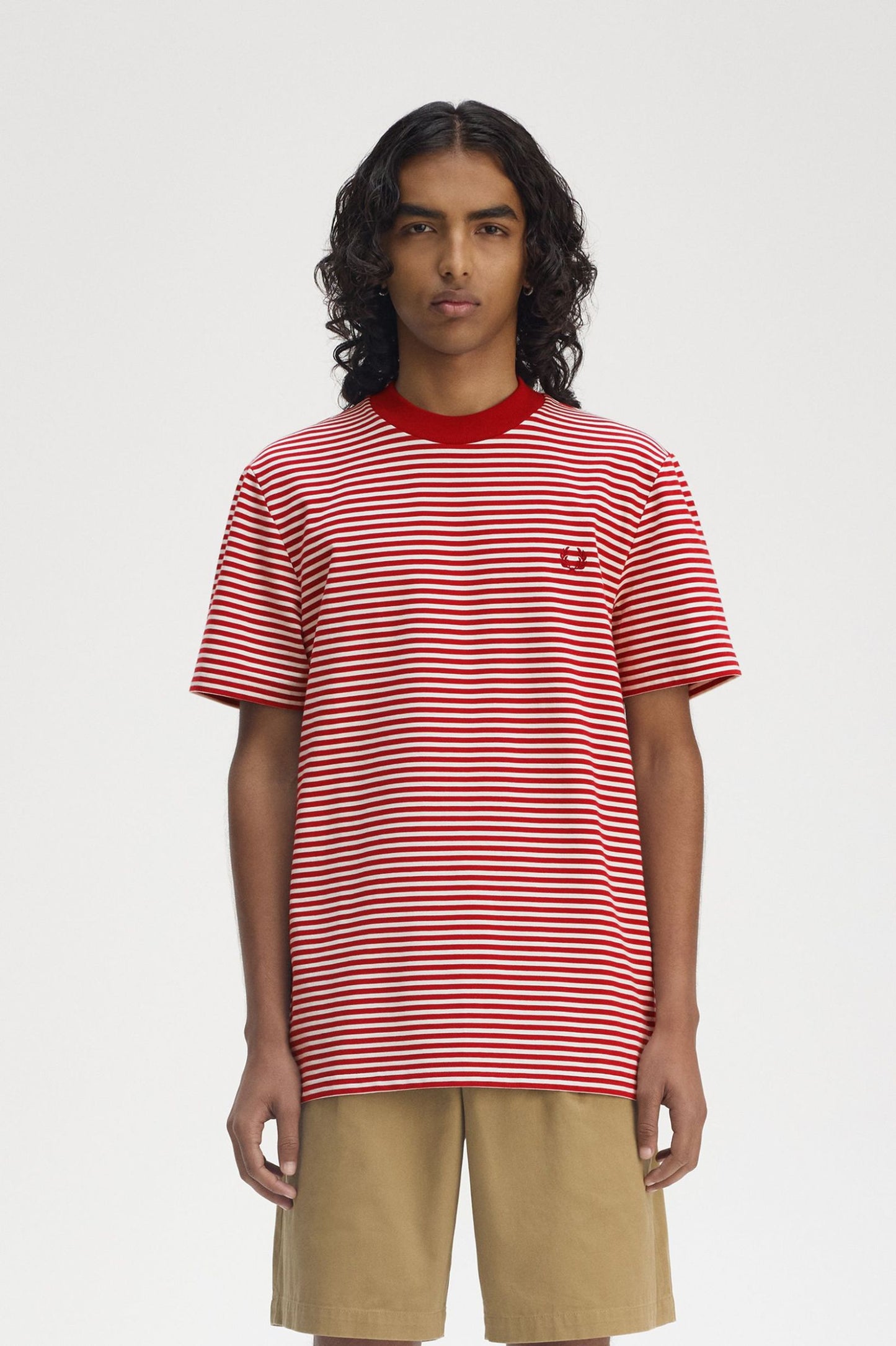 FRED PERRY LAUREL WREATH LOGO FINE STRIPE COTTON T-SHIRT RED 2XL RRP £60 BNWT